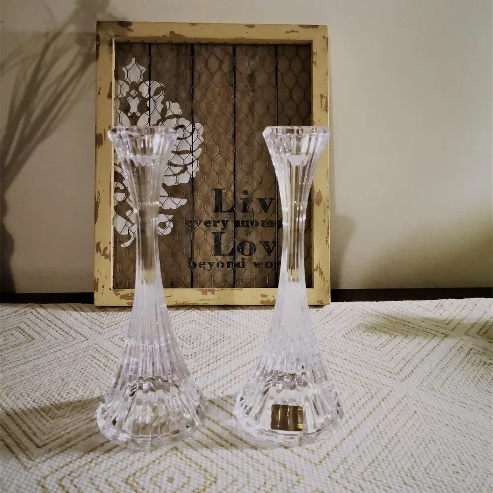 Vintage Mikasa Park Lane Crystal Candlestick‎ Holders Pair 8”x 3